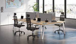 Buronomic Partage Trapezium Leg Desk In White Leg Finish With Grey Desk Screen And Black Armchair