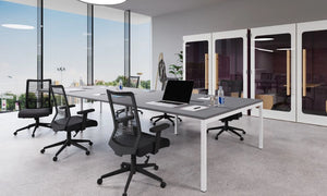 C-Sense Bench Desk with Grey Top and White Legs with Dark Grey Mesh Back Chair 2