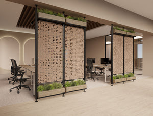 Decora Modular End of Desk Double Acoustic Panel with Planters in Brown Finish Together with Key Meeting Table and Jersey Task Chair in Modern Office Setting