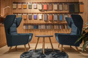 Douglas Single Seater Wing High Back Chair in Grey Finish with Walnut Finish Top Round Coffee Table