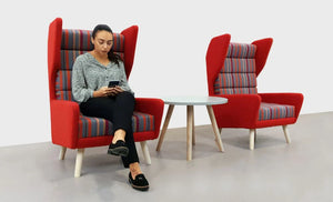 Douglas Single Seater Wing High Back Chair in Red and Stripe Finish with White Top Round Side Table
