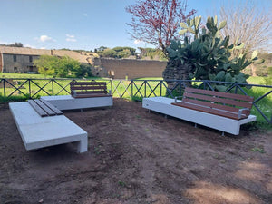 Ela Plus Rectangular Outdoor Bench in Two Toned Finish with Other Benches in Outdoor Setting 9