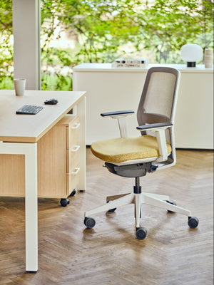 Evo Task Chair with Table and Pedestal in Modern Office Setting