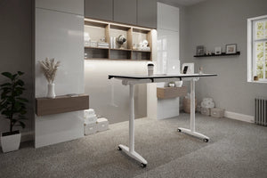 FlipMe Convertible Standing Desk with Wooden Shelving in Home Office Setting