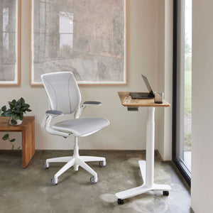 Float Mini Home Office Sit Stand Desk With Indoor Plant And Ergonomic Chair In Breakout Setting