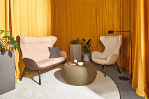 Floris Upholstered Pot in 2 Different Finishes with Red and Grey Upholstered Armchair and 2 Seater and Upholstered Coffee Table