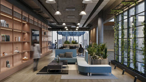 Floris Upholstered Pot in Grey with Blue Modular Seating with Dark Grey Top Coffee Table in Lounge Area Setting