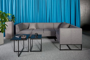 Floris Upholstered Pot in Grey with Grey Soft Seating and Black Coffee Tables