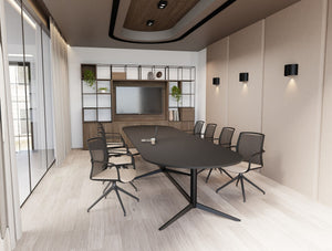 Harmon Triple Base with Oval Top Table in Black Finish with Vela Meeting Room Chair in Pyramidial Base with Ionic Cube Grid Large Media Unit on Tall Storage in Meeting Room Setting 2