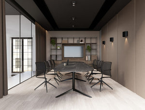 Harmon Triple Base with Oval Top Table in Black Marble Top Finish with Vela Meeting Room Chair in Pyramidial Base with Ionic Cube Grid Large Media Unit on Tall Storage in Meeting Room Setting