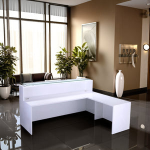 High Gloss Reception Unit with Glass Top and Return White with Soft Seating and Large White Vase in Reception Area