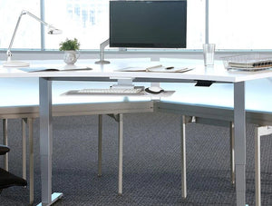 Humanscale Float Standing Office Desk For Office Or Home Areas 7 In White With Single Monitor And Desk Lamp