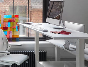 Humanscale Float Standing Office Desk For Office Or Home Areas 8 In White With Single Monitor And White Swivel Chair
