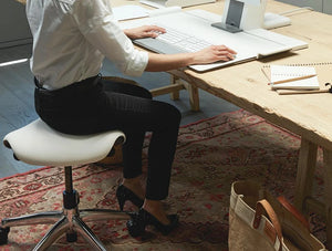 Humanscale Freedom Saddle And Pony Task Stool With Triangular Cushion 7 With Polished Aluminum And White Finish With Wooden Desk