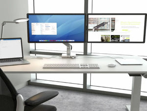 Humanscale Mconnect Docking Station With Usb Hub 7 In White With Dual Monitor In White Desk