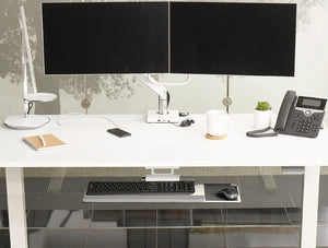 Humanscale Mpower Usb Type A And C Charging Station 6 In White With Dual Monitor On White Table
