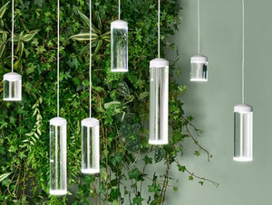 Humanscale Pendant Hanging Quartz Cylinder Vessel Light 5 With Greenery