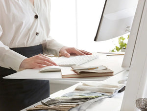 Humanscale Quickstand Eco Desk Converter For Home And Corporate Office 8 In White With White Keyboard And Mouse