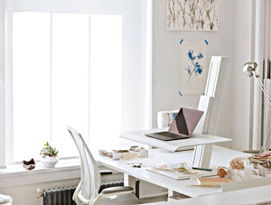 Humanscale Quickstand Eco Desk Converter For Home And Corporate Office 9 With Laptop On White Desk With White Mesh Chair
