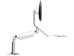 Humanscale Quickstand Lite Desk Converter For Hot Desking 4 In Silver With White Trim With Single Monitor On White Table