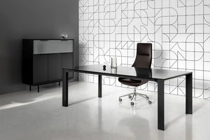 In Office Executive Desk with Executive Chair and Side Cabinet in Modern Office Setting