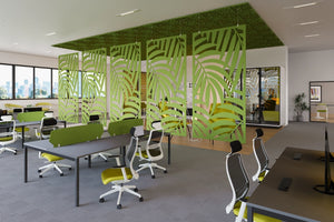 Koala Acoustic PET Pattern Screens in Green Finish with Green Acoustic Panel and Grey Top Bench Desk in Modern Office Setting