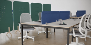 Koala Acoustic PET Pattern Screens in Light in Blue Finish with Green Freestanding Screen and White Top Bench Desking in Modern Office Setting