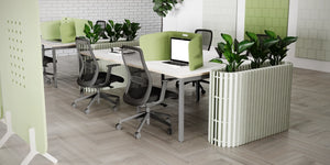 Koala Large Acoustic Planter in Grey Finish with White Top Desk and Mesh Back Chair in Modern Office Setting