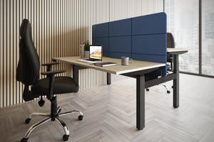 Koala Leap Bench Screen in Blue Finish Attached to Sit Stand Desk with Black Office Armchair in Modern Office Setting