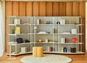 Mix Cube Soft Seating Geometric Pouffe with Bookshelves and Side Table in Reception Setting