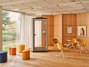 Mix Cube Soft Seating Geometric Pouffe with Phone Booth and Meeting Room Chair in Modern Office Setting