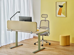 Mix Cube Soft Seating Geometric Pouffe with Sit Stand Desk and Desk Screen in Modern Office Setting