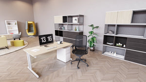 NV Mesh Height Adjustable Mesh Back Armchair Black with White Oak Top Office Table and White Pedestal in Office Setting