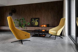 Palo Lounge Armchair with Wooden Legs in Different Shades of Yellow with Rectangular Low Coffee Table in Lounge Setting