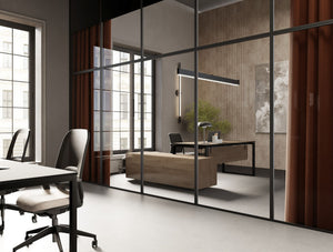 Profil Executive Table with Side Credenza Storage in Oak Finish with Vela Ergonomic Chair and Contour Ergonomic Chair in Modern Office Setting