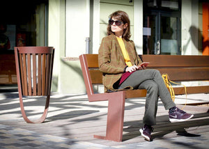 Quatro Wooden Outdoor Bench with Trash Bin in Outdoor Setting