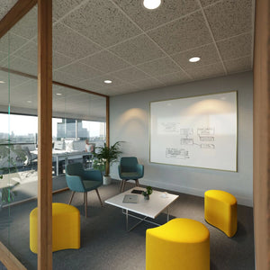 Quick Square Reception Table with Yellow Modular Pouffe and Blue Lounge Armchair