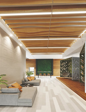 Ezoboard Rail Led Acoustic Hanging Light In Wooden Finish With Rectangular Wooden Top Table And Grey Sofa In Reception Setting