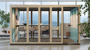 Silent Room XL Meeting Pod in Light Oak Exterior Finish in Reception Setting