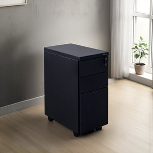Steel Slimline 3 Drawer Pedestal in Black Finish with Indoor Plant in Breakout Setting