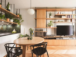 Sudoku Wooden Dining Chair in Black Finish with Round Table in Living Room Setting