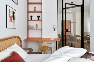 Sudoku Wooden Dining Chair with Wall Frames and Built in Shelves in Bedroom Setting