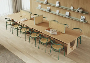 Sund L Wooden Meeting Room Table with Chairs and Shelves in Modern Office Setting