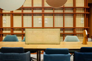 Sund L Wooden Meeting Room Table with Desk Screen and Chairs in Modern Office Setting