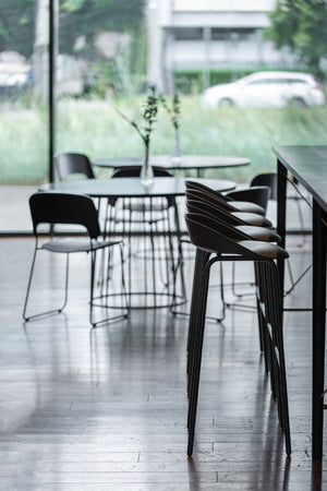 Team Polypropylene High Stool with Hightop Table and Stackable Chair in Canteen Setting