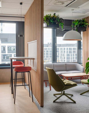 Team Polypropylene High Stool with Lounge Chair and Sofa in Reception Setting