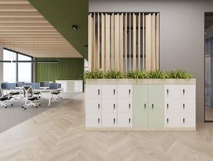 Uno Locker and Planters with Key Bench Desk and Light Desk Screen with Galen Meeting Room Chair in Modern Office Setting