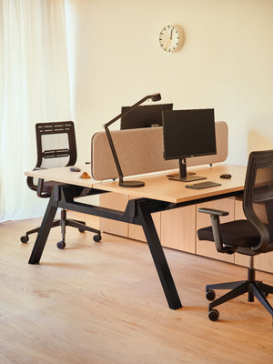 Viga Executive Bench Desk with Storage with Task Chair and Desk Screen in Modern Office Setting