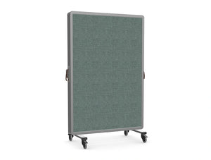 Spry Mobile Wall with Whiteboard and Storage in White Frame with Alega Poseur Table with Black Finish Top in Modern Office Setting