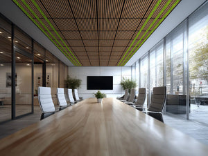 Xelu Acoustic Moss Ceiling Panel in Green Finish with Chairs and Table in Boardroom Setting